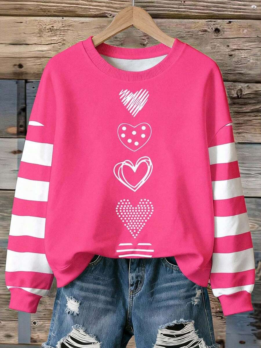 EMERY ROSE Áo nỉ họa tiết trái tim sọc Colorblock dành cho nữ, cổ tròn thoải mái, thường ngày, phù hợp với mọi mùa - Nhiều màu - Xem 1