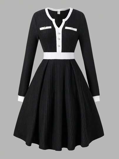 SHEIN Teen Girls ' Elegant Jacquard V-Neck Metal Button Decor Long Sleeve Fitted Knit Dress, Casual Outdoor Party Dress, Autumn/Winter