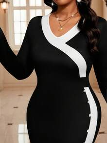 SHEIN Lady Robe élégante à manches longues et col en V ajustée pour femmes grandes tailles - Noir et Blanc - Voir 6