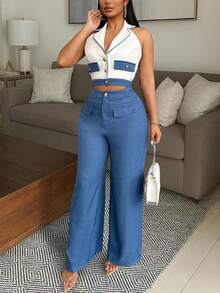 SHEIN Clasi Conjunto elegante de negocios casuales para mujer - Top de chaleco ajustado con decoración de solapa texturizada y botones metálicos sexy, y pantalones casuales largos de cintura elástica texturizada de 2 piezas, talla grande - Multicolor - View 3