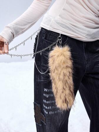 Goth 1 Stück Y2K modischer luxuriöser süßer cooler Mädchen Retro hochwertige silberne Cut Out Doppelketten Niet Dekor flauschiger Farbverlauf braun-gelb Cartoon Fuchs/Wolf Schwanz DIY Hose Kette, Taillenkette, Taschenbehang, geeignet für Cosplay, Alltagstragen, Urlaubsgeschenk