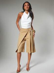 Hauture Quần ống rộng bó sát màu trơn gợi cảm dành cho nữ, quần short Bermuda có chi tiết buộc dây - Màu Khaki - Xem 3
