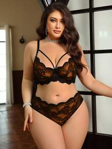 SHEIN Set de 2 sujetadores con aros y encaje en tallas grandes - Naranja - Ver 4