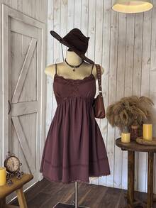Wildy Robe mini casual pour femmes avec empiècement en dentelle et volants à l'ourlet, style occidental Saint John 2025 Tenues du 4 juillet, robes d'été pour femmes, robe de remise des diplômes, robe d'été, robes pour femmes, tenue de concert country pour femmes, robe bustier, robe en dentelle, vêtements occidentaux pour femmes, robe épaules dénudées, tenues country pour femmes, robe corset - Tabac - Voir 3