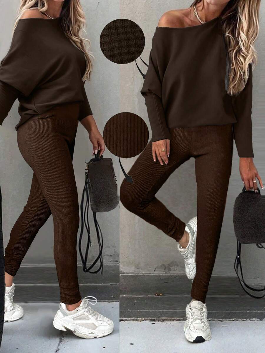 EMERY ROSE Conjunto de 2 piezas de top y pantalones de unicolor casual con cuello asimétrico, para otoño - Café integral - Ver 1