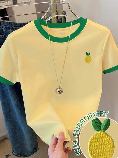 Resyla 女士撞色水果刺绣短袖休闲圆领T恤