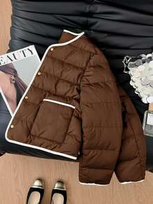 SHEIN Frenchy 女士时尚百搭撞色滚边夹克，冬季 - 咖啡棕 - 查看 4