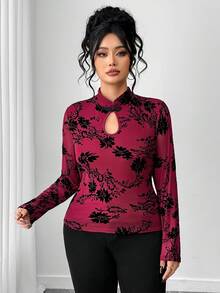 Elenzga Burgundy,Autumn,Elegant,Dinner Plus Size Women Mandarin Collar Printed Long Sleeve Button-Up T-Shirt,Fashionable Church Tops & Blouses For Women - Burgundy - View 3