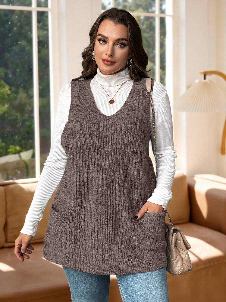 Pull sans manches ample à col en V polyvalent avec poches, pour l'automne et l'hiver. Convient pour les tenues décontractées, les affaires, les vacances et les sorties à la campagne, en grande taille.