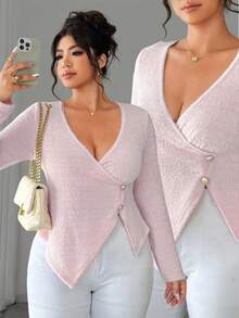 Elenzga Camiseta casual de manga larga con cuello cruzado en V para mujer talla grande, cómoda y de moda para uso diario, otoño/invierno