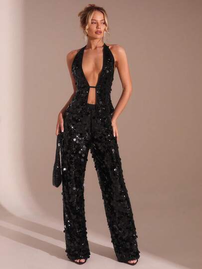 SHEIN Glamour Conjunto de 2 piezas de top sin mangas con cuello halter y pantalones de color negro con brillo, conjunto de streetwear, otoño e invierno, conjunto de Halloween, conjunto de concierto, conjunto de club, conjunto de cita nocturna, conjunto de elegancia elevada, conjunto de baile de graduación, conjunto de rave, conjunto de cumpleaños de mujer, imprescindible para fiestas, moda floral, conjunto brillante