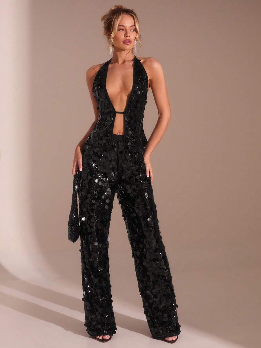 SHEIN Glamour 女款黑色亮片掛脖露背無袖上衣與長褲兩件套，70年代風格俱樂部派對夏季演唱會約會之夜高級優雅舞會套裝 - 黑色 - 查看 1