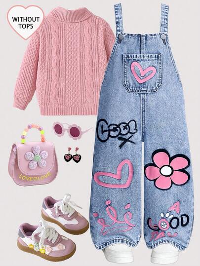 SHEIN ChillGRL 女童新款花卉、爱心、彩虹涂鸦时尚休闲舒适柔软牛仔连体裤