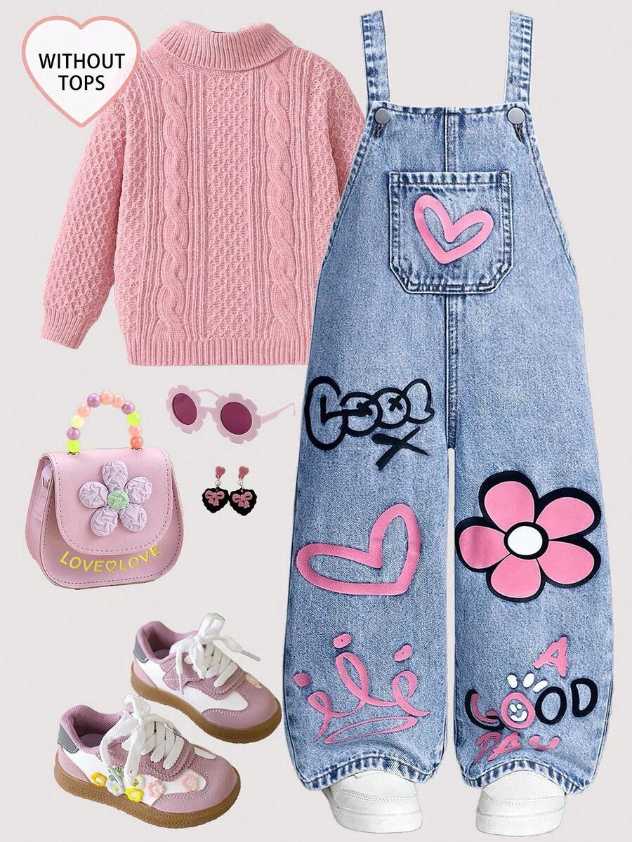 SHEIN ChillGRL 女童新款花卉、爱心、彩虹涂鸦时尚休闲舒适柔软牛仔连体裤 - 淺色水洗藍 - 查看 1