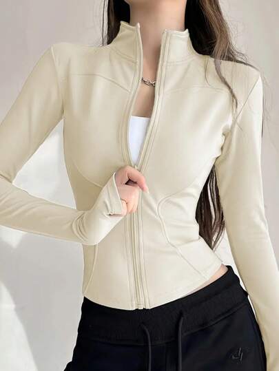 Chaqueta de yoga estilo Y2K con cremallera - Diseño ajustado y mangas largas con abertura para el pulgar