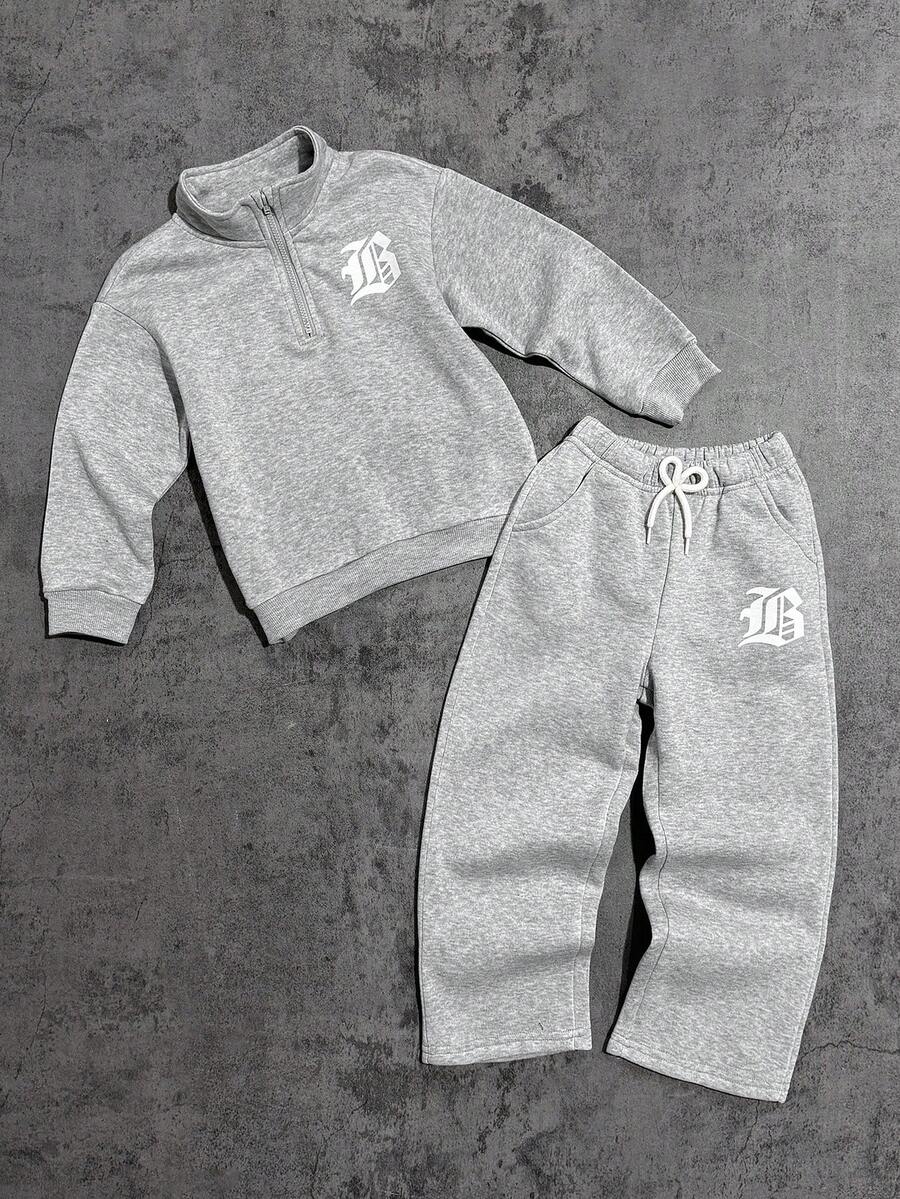 SHEIN Coolqubz 2pcs/Set Tween Boy Casual Graphic Print Zip-Up Stand Collar Sweatshirt And Straight Leg Pants Set, Suitable For Daily, Commute, School, Sports And Leisure Wear