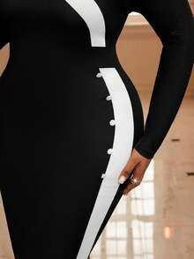 SHEIN Lady Robe élégante à manches longues et col en V ajustée pour femmes grandes tailles - Noir et Blanc - Voir 7