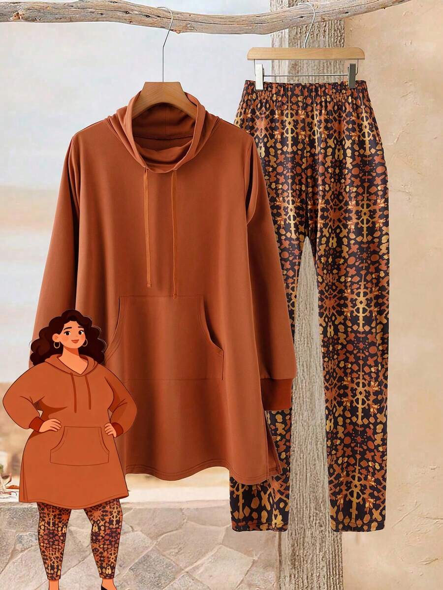 EMERY ROSE 秋季大码休闲上衣和紧身裤两件套 - 彩色 - 查看 1