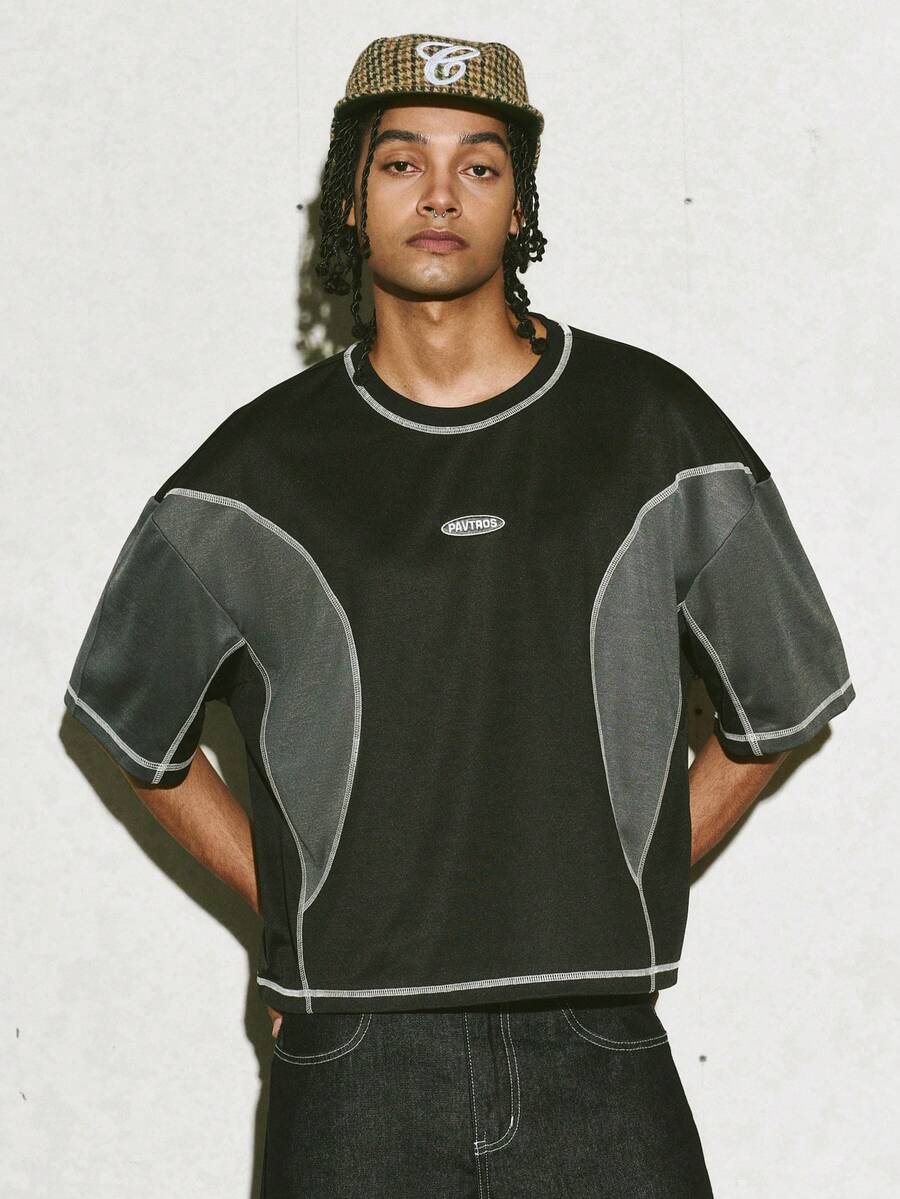 PAVTROS 男士字母刺绣圆领短袖时尚个性化拼接T恤 - 黑色 - 查看 1