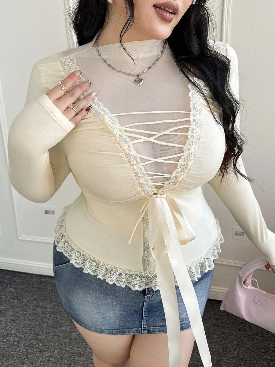 CovetEZ 大码女式蕾丝蝴蝶结长袖叠穿上衣,性感浪漫的圣诞氛围,秋冬款 - 白色 - 查看 1