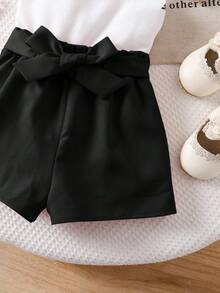 Babygirl Cute White Camisole & Elastic Waist Shorts Set, Summer - Black - View 4