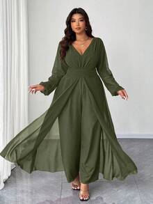 SHEIN Elenzya Plus Size Elegant V-Neck Ruffle Waist Pearl Chiffon Wide Leg Jumpsuit, Suitable For Wedding Guests, Elegant Burgundy Ladies Jumpsuit, Long Sleeve Cinched Waist Vintage Romantic Jumpsuit - Army Green - View 3