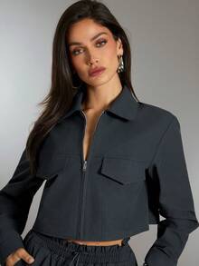 Denimoi Chaqueta corta con cremallera, cuello y bolsillo con solapa, chaqueta de moda - Gris Oscuro - Ver 3