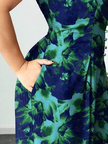 Elenzga Bộ đồ liền thân có dây đeo điều chỉnh họa tiết hoa tie-dye thanh lịch dành cho nữ cỡ lớn, thời trang và tinh tế cho đầu xuân - Màu xanh lam - Xem 7