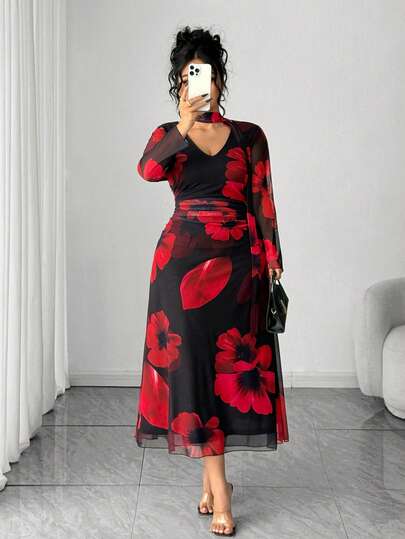 Elenzga Plus Size Fashionable Sexy Printed Dress, European And American Style