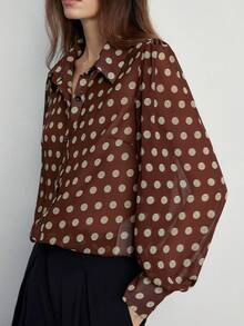 Aveloria Modichic Commuting Polka Dot Sheer Versatile Elegant Slimming Chiffon Long Sleeve Blouse - Coffee Brown - View 3