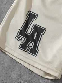 SHEIN Coolqubz Teen Boys' Breathable Mesh Fabric English Text & Basketball Design Loose Fit Casual Sports Shorts