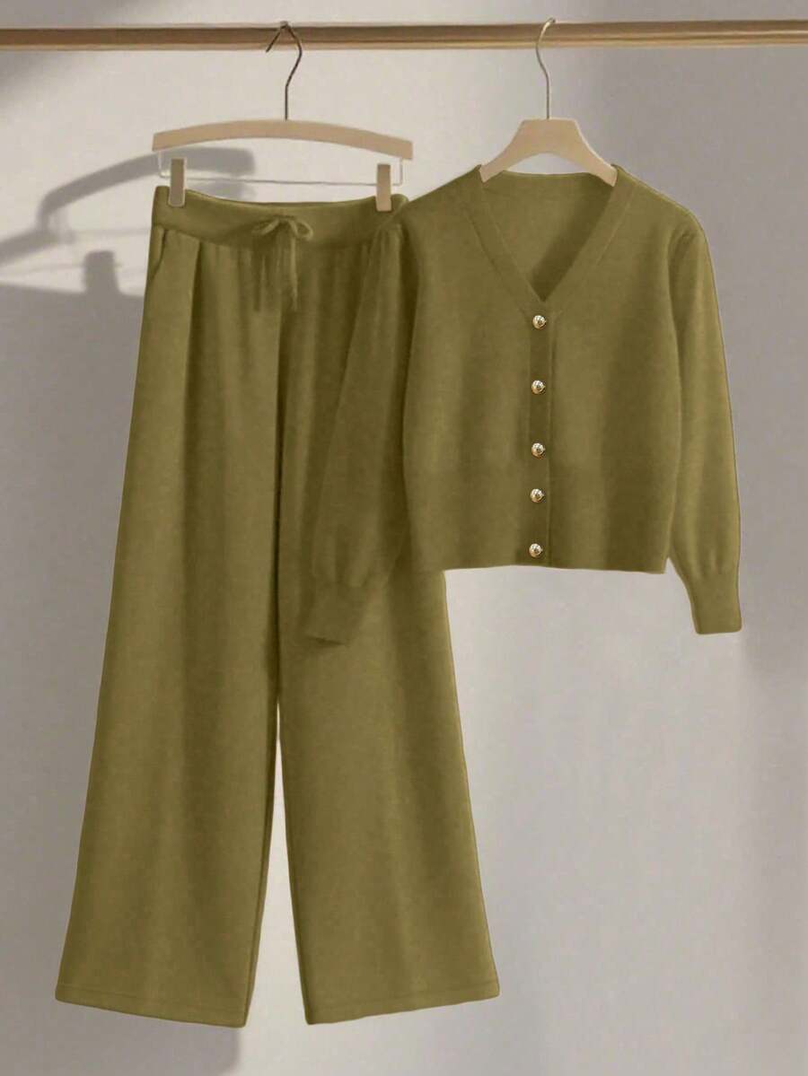 Franclia 2pcs/Set Women Casual Loose Knit Sweater & Pants Loungewear Set, Comfortable & Minimalist Design - Olive Green - View 1