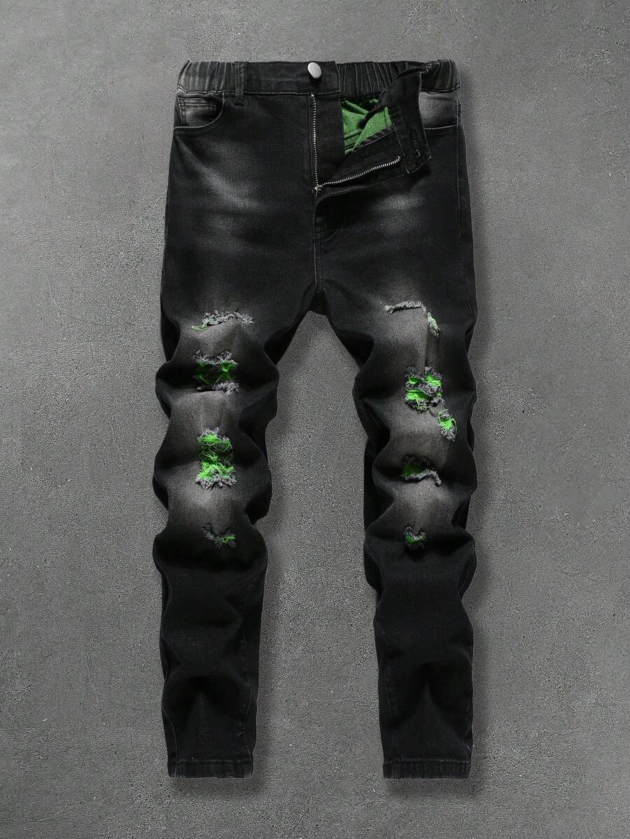 Coolqubz 酷男孩时尚破旧褪色喷漆牛仔裤，百搭休闲街头复古黑色牛仔裤 - 黑色 - 查看 1