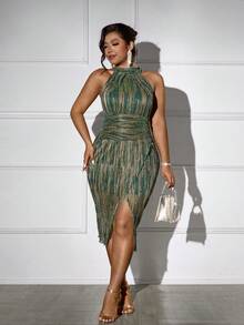 Femmeverse 大码女士优雅性感露背开衩紧身连衣裙 - 彩色 - 查看 3