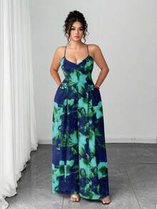 Elenzga Bộ đồ liền thân có dây đeo điều chỉnh họa tiết hoa tie-dye thanh lịch dành cho nữ cỡ lớn, thời trang và tinh tế cho đầu xuân - Màu xanh lam - Xem 4