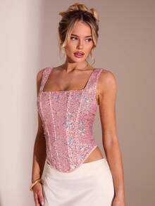 Glamine Débardeur ajusté à encolure carrée avec sequins et ourlet asymétrique pour femmes, style Y2K - Rose bonbon - Voir 7