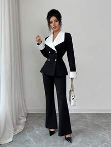 Elenzga Women's Contrast Color Lapel Double-Breasted Long Sleeve Jacket And Flared Pants Elegant Suit Set - Black and White - View 5