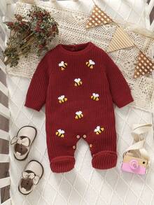 SHEIN 1 bộ đồ liền thân trẻ sơ sinh, màu trắng kem, cổ tròn, tay dài, thêu hình con ong dễ thương, phong cách tối giản - Đỏ - Xem 6