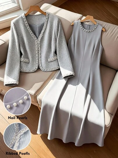 GlowEve CURVE 2 st plus size kvinnor elegant svart kontrasterande pärlpärldetaljer v-ringad långärmad kofta jacka och rund hals pärldekor maxiklänning set, lämplig för höst/vinter casual, arbete, fest