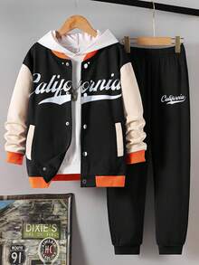 SHEIN Vacaura Tween Boys' Black Letter Embroidery Baseball Jacket And Black Sweatpants Casual Outfit Chic Outfits For Autumn/Winter - Black - View 5