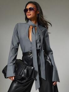 Hauture Áo blouse cổ chữ V sâu cài nút phía trước gợi cảm cho nữ công sở - Màu xám đen - Xem 6