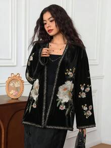 EastFlair Women's Floral Embroidered Drop Shoulder Long Sleeve Open Front Loose Casual Jacket/Summer\Chinese Style - Black - View 5
