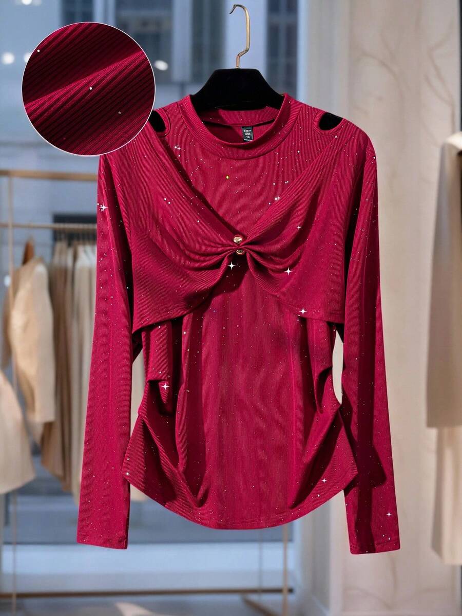 GlowEve CURVE 女士休闲褶皱修身长袖加大码T恤 - 紅色 - 查看 1