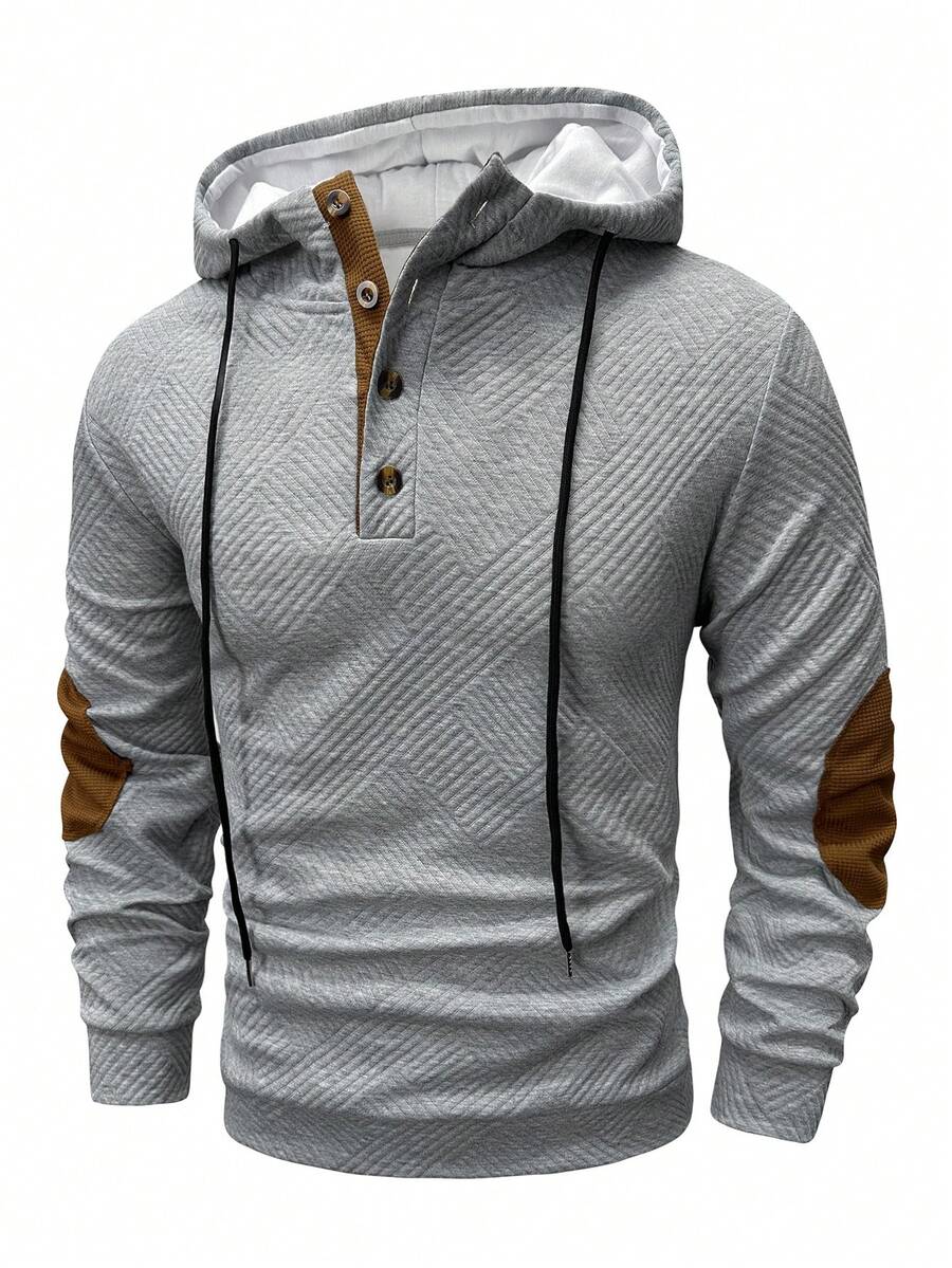 OTTIMOZO Men Color Block Button Front Casual Hoodie, For Fall, Long Sleeve Top - Light Grey - View 1