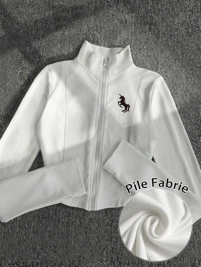 Almamuse Plus Size Women Horse Print Fleece Jacket, Casual Street Wear Zip-Up Long Sleeve Slim Fit Bomber Jacket For Autumn