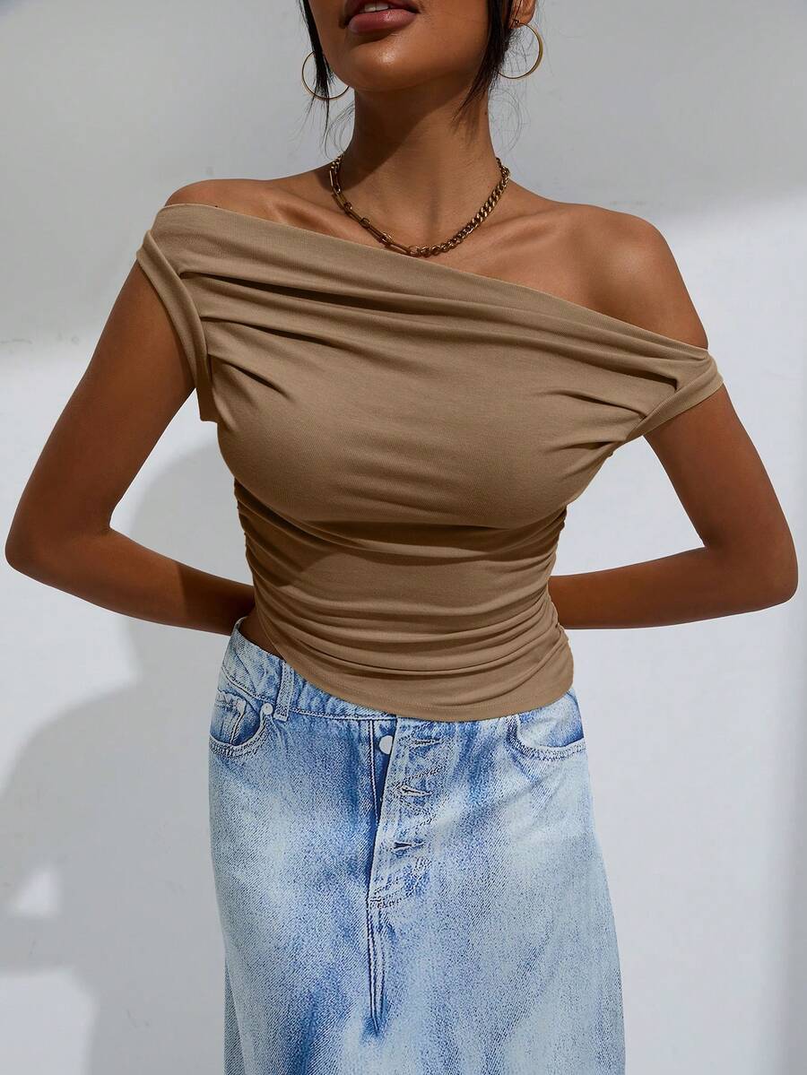 EMERY ROSE Solid Ruched Side Asymmetrical Neck Crop Top - Mocha Brown - View 1
