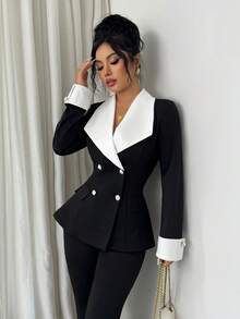 Elenzga Women's Contrast Color Lapel Double-Breasted Long Sleeve Jacket And Flared Pants Elegant Suit Set - Black and White - View 6