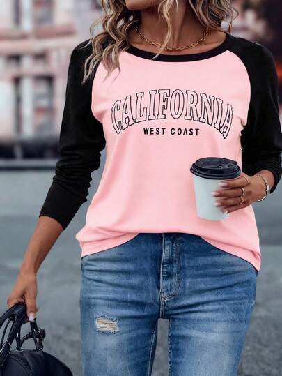 EMERY ROSE Women Plus Size Letter Pattern Color Block Raglan Sleeve Casual T-Shirt, Autumn Graphic Tees Women Tops