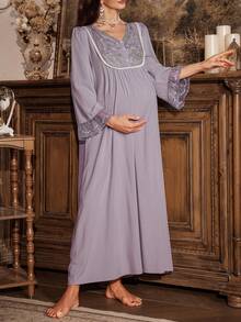 PalaceNights Vintage Palace Style Embroidered Lace Patchwork V-Neck Half-Button Super Loose Maternity Nightgown, Winter - Purple - View 5