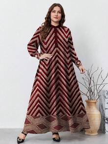 SHEIN Najma Váy dài tay cổ bẻ in hoa hình học cổ điển cỡ lớn dành cho nữ, thời trang xuân thu - Nhiều màu - Xem 3